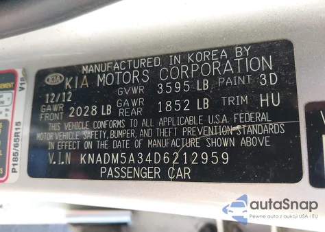 2013 Kia Rio Lx из США, поврежденный, VIN KNADM5A34D6212959